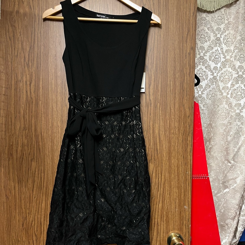 Kensie Black Cocktail Dress with Gold Lace Details